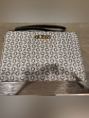 Guess Beige and Black Logo Wristlet Pouch